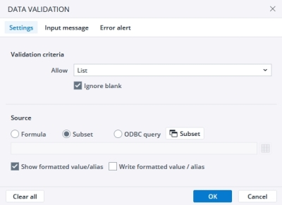 Data validation Settings tab